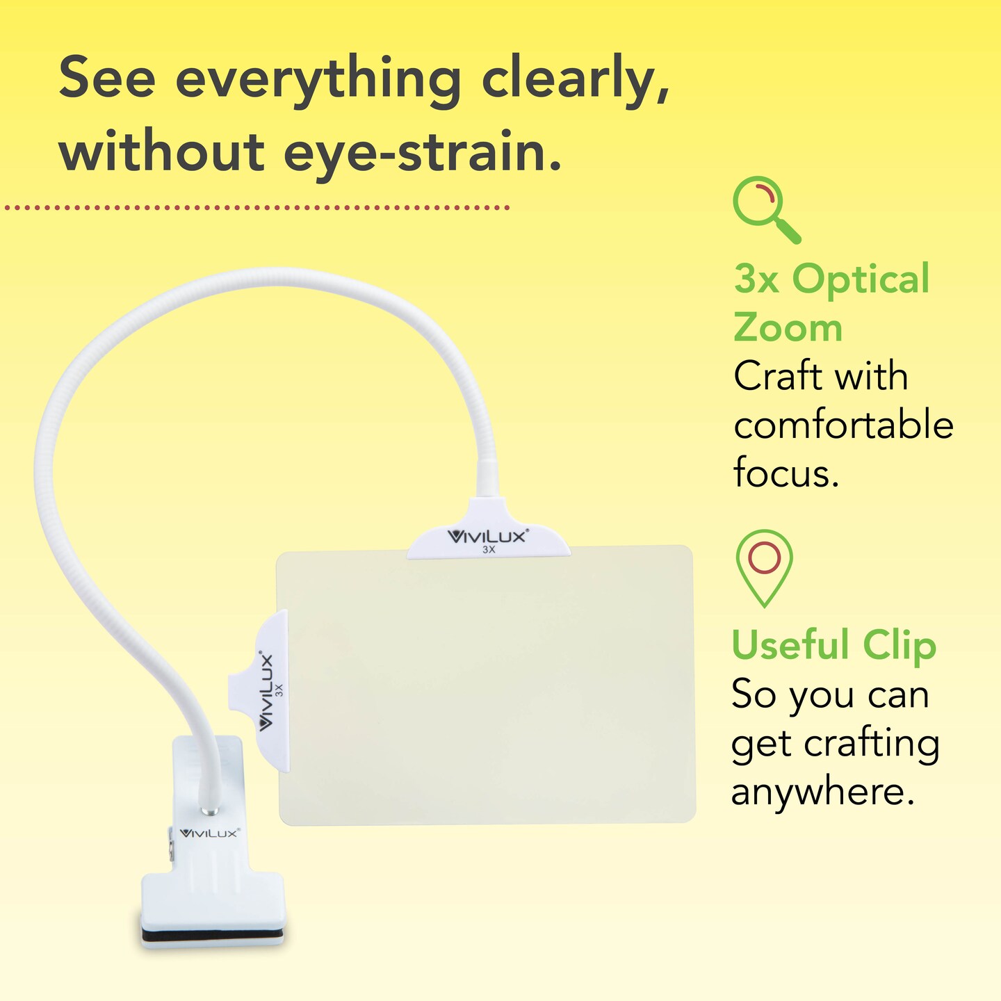ViviLux Optical Grade 3X Magnifier, Large 6"x4" Clip-On Lens, Flexible Arm for Hands-Free Precision, Attach to Task Lamps, Hobby Desks, Sewing Stations