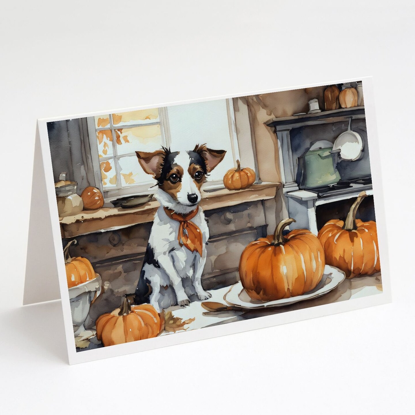Edge Collections - 5" x 7" - Multicolor - Jack Russell Terrier Fall Kitchen Pumpkins Greeting Cards - 8 Pieces