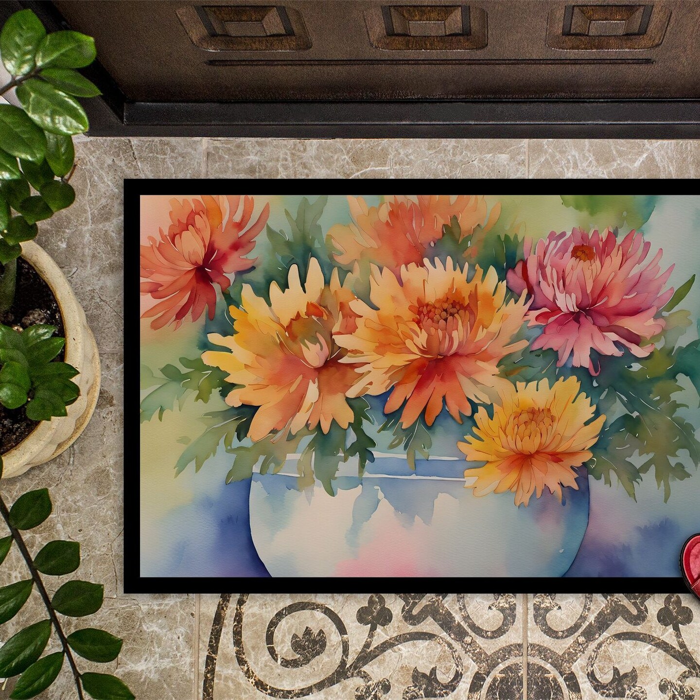 Edge Collections - 18" x 27" - Multicolor - Chrysanthemums Doormat Non-Slip, Washable - 1 Piece