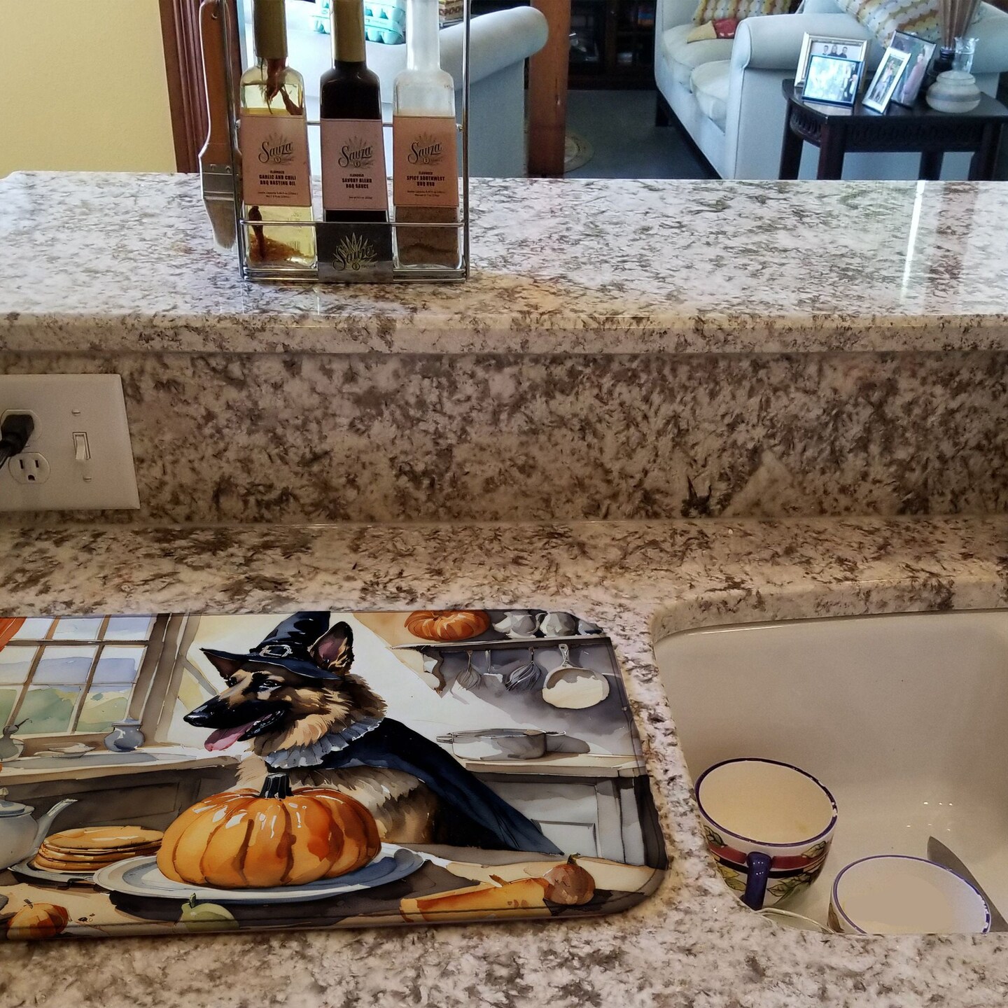 Edge Collections - 14" x 22" - Multicolor - German Shepherd Fall Kitchen Pumpkins Dish Drying Mat - 1 Piece