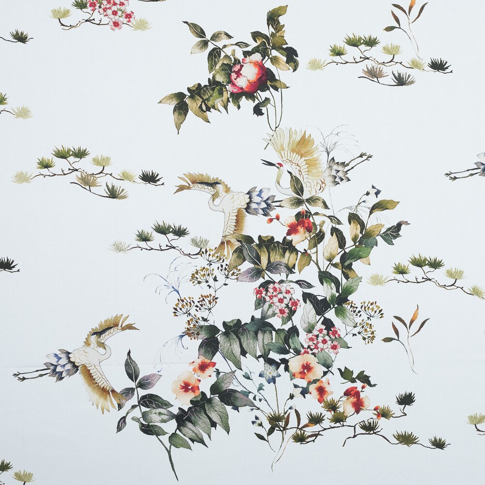 1 Yard White and Green Bird Floral Stretch Cotton Sateen Fabric