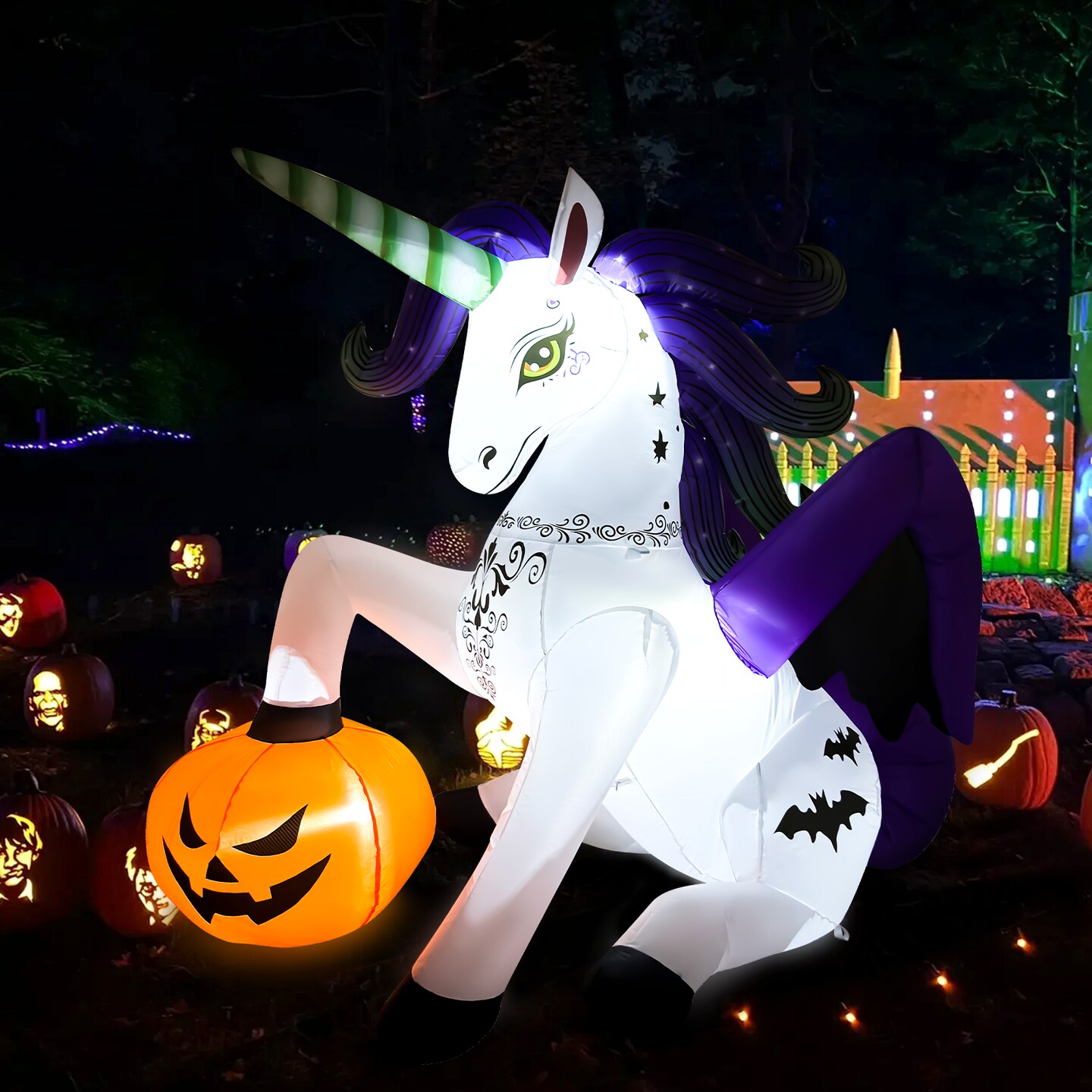 GOOSH 6FT Inflatable Halloween Unicorn with Pumpkin &#x2013; Light-Up Yard Decoration