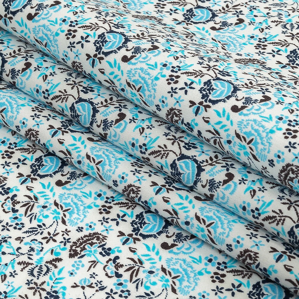1 Yard Turquoise Blue Indigo and Umber Floral Cotton Sateen Fabric