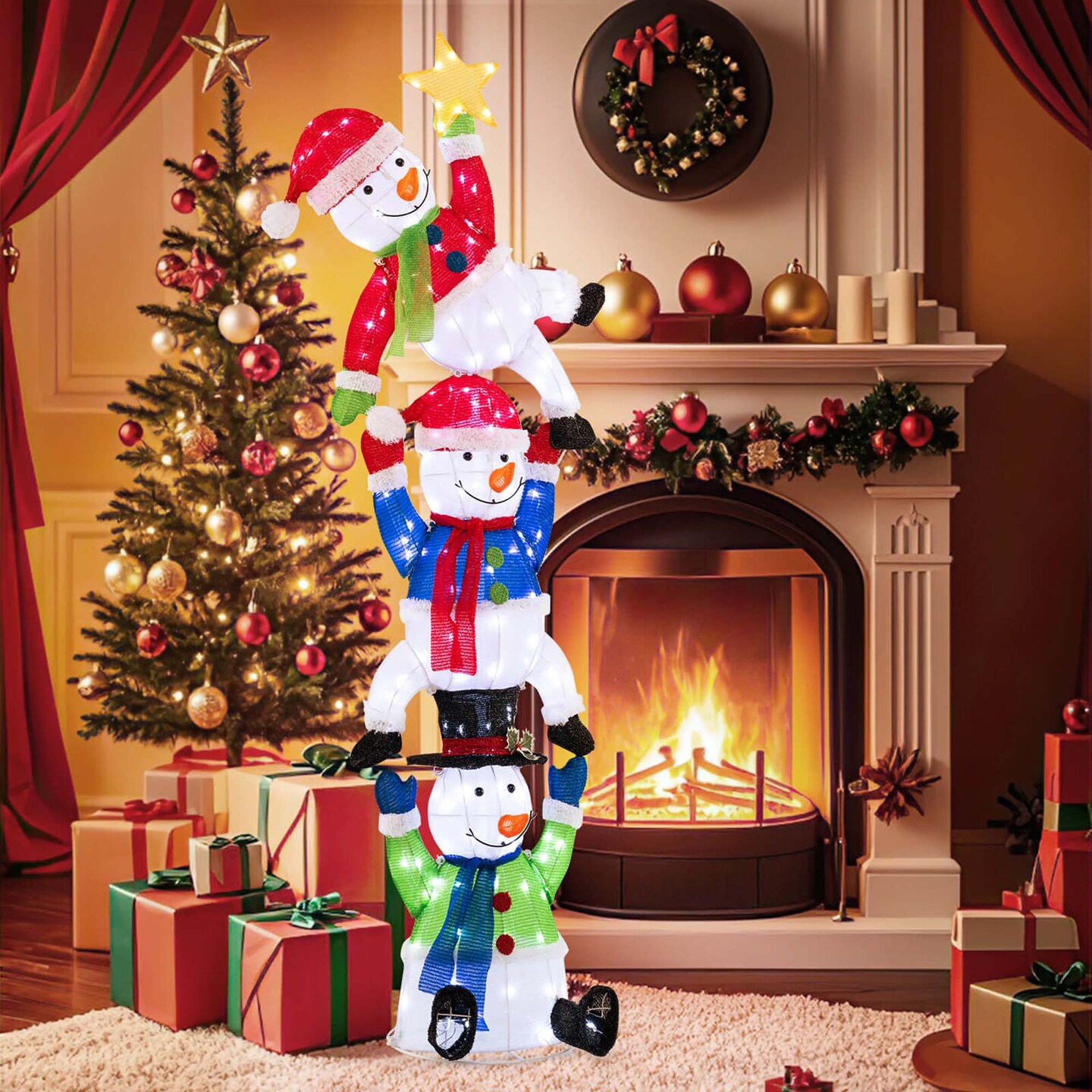 Costway 6 ft 3D Pre-Lit Christmas Stacked Snowman with 155 LED Lights Zip Ties & Stakes