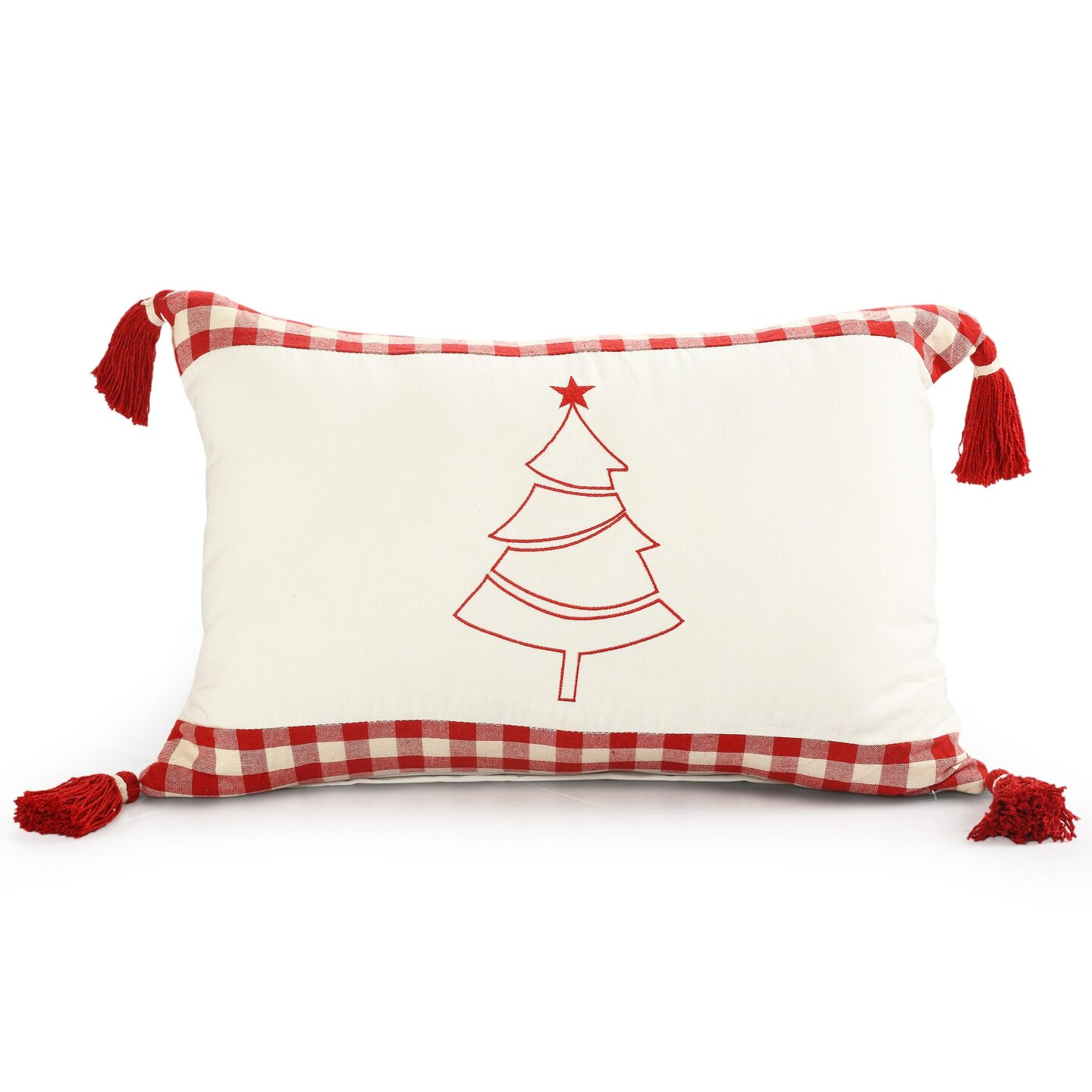 Laddha Home Designs Hand Woven Plaid Christmas Tree Lumbar Throw Pillow - 24&#x22; - White and Red