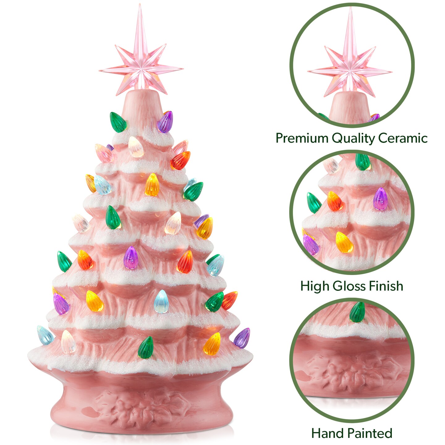 Casafield Hand Painted Ceramic Christmas Tree, 12-Inch Pre-Lit Tree with 100 Multi Color Lights and 2 Star Toppers