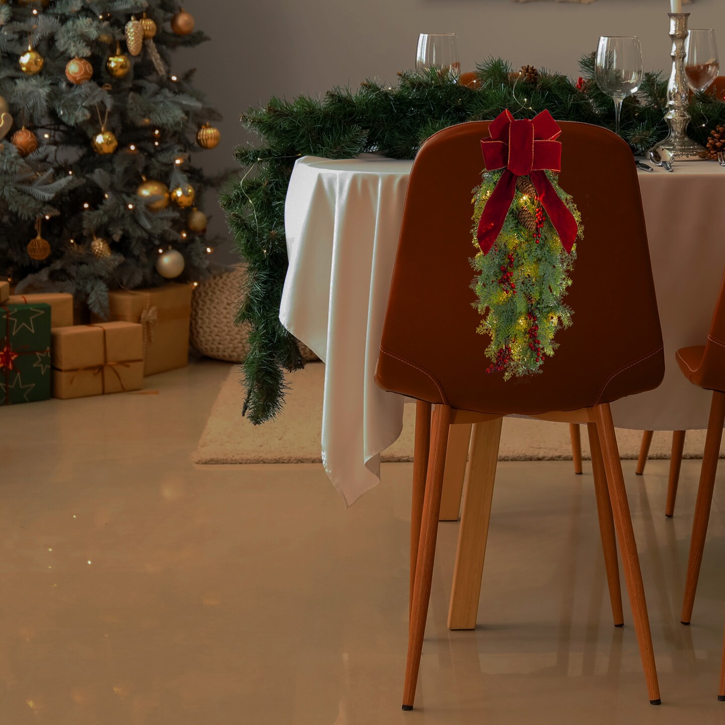 Haute Decor 20 Inch Pre-lit Classic Christmas Chairback Swag with Built-in Timer Artificial Berries, 15 Soft White Lights, and Real Pinecones