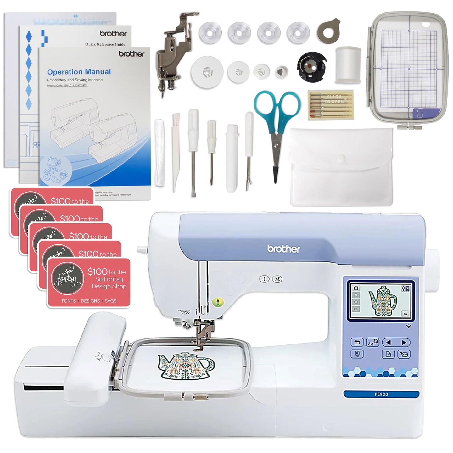 Brother PE900 5&#x22; x 7&#x22; Embroidery Machine Bundle with 250+ Accessories