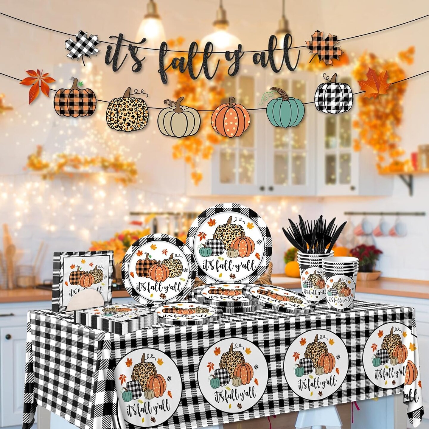 Black White Buffalo Plaid Pumpkins Fall Plaid Paper Plates (Black, White)