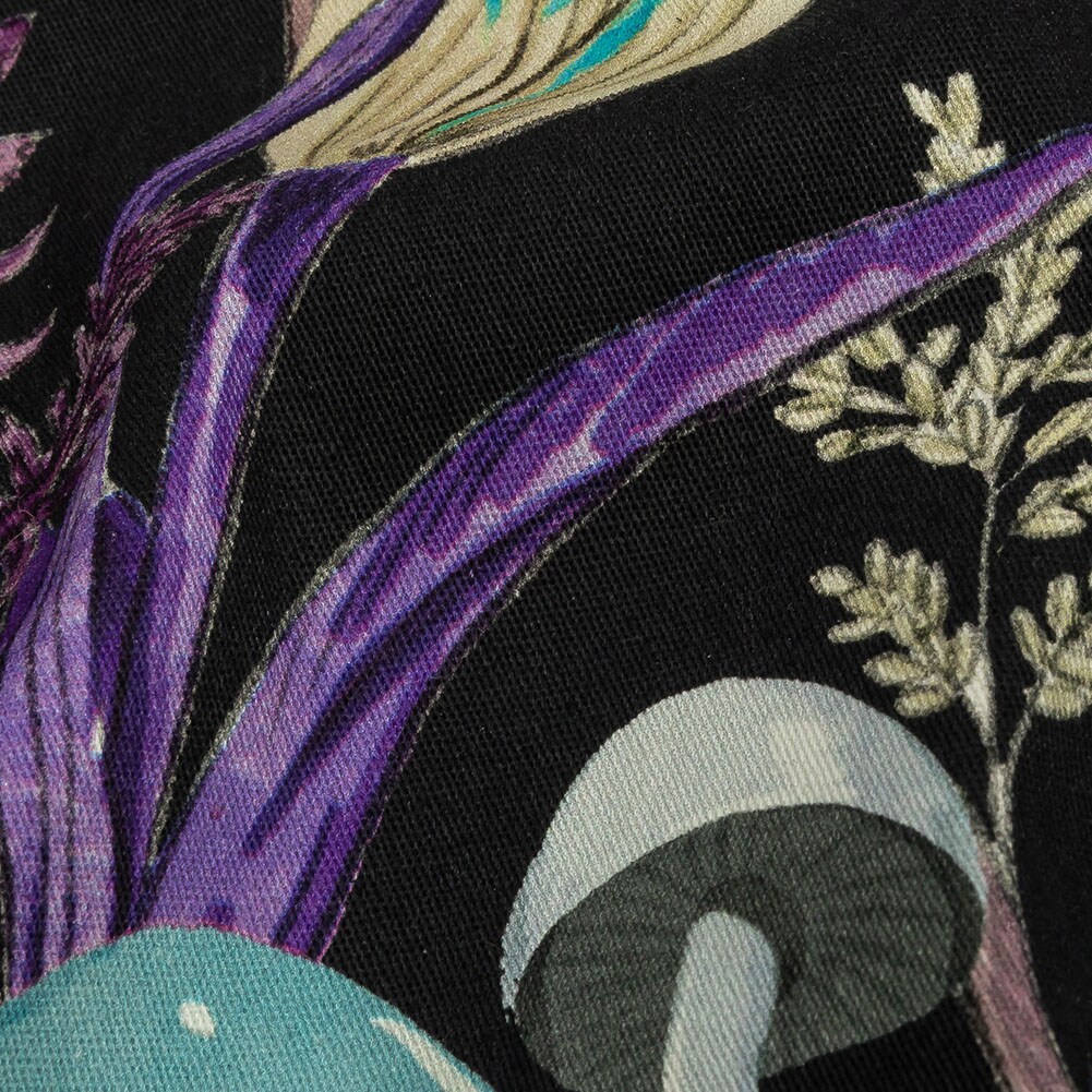1 Yard Stretch Cotton Twill Print Midnight Blue and Purple Mushrooms