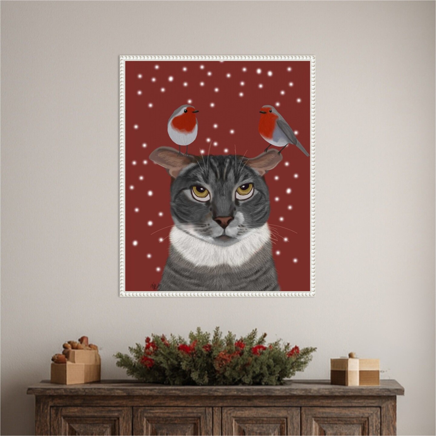 Grey Cat and Robins by Fab Funky 23-in. W x 28-in. H. Canvas Wall Art Print Framed