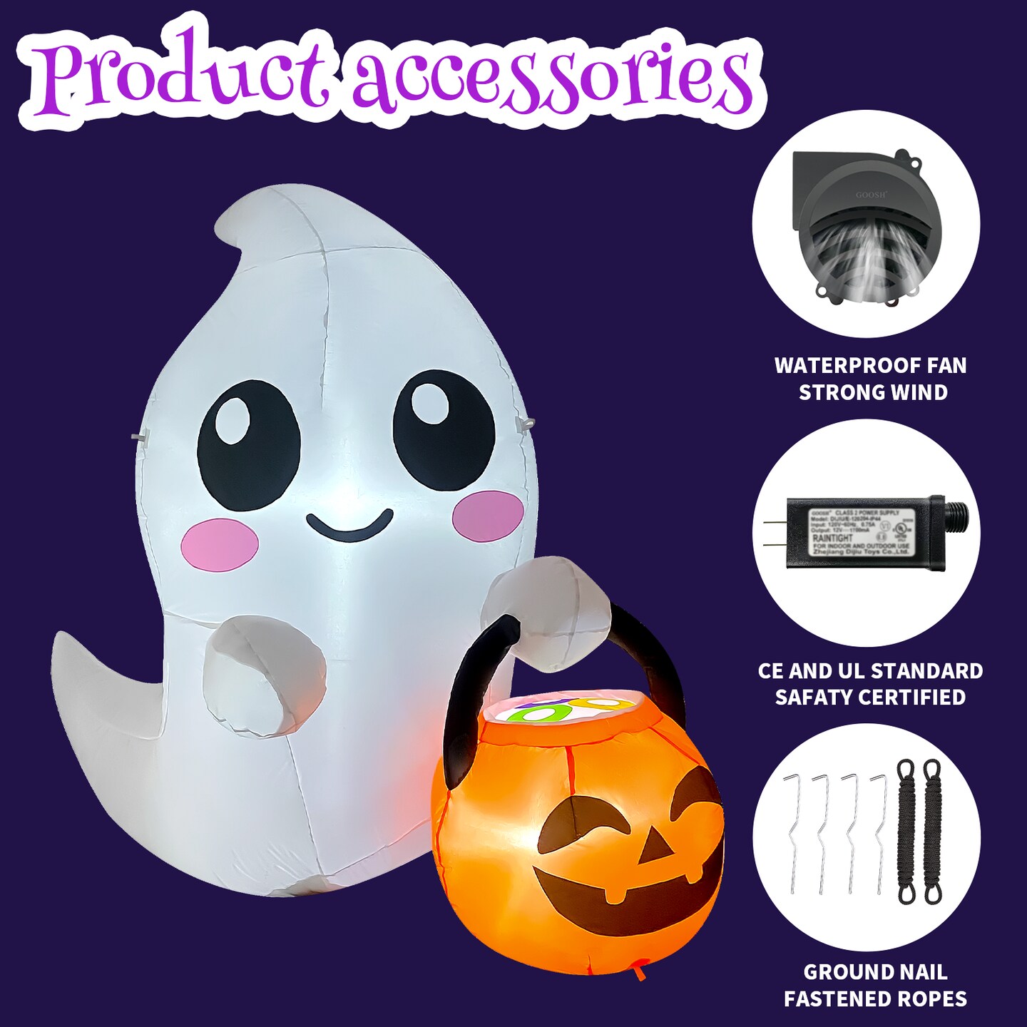 GOOSH 5FT Inflatable Cute Ghost with Pumpkin Bucket &#x2013; Light-Up Halloween Yard Decoration