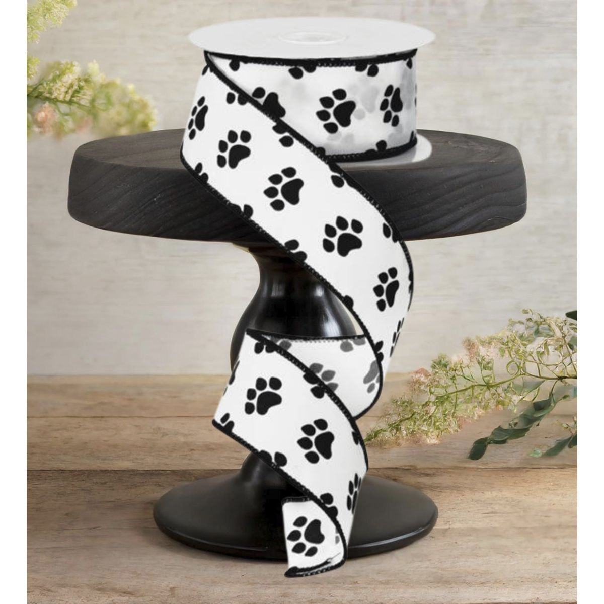 1.5&#x22; Satin Paw Print Ribbon: Black &#x26; White (10 Yards)