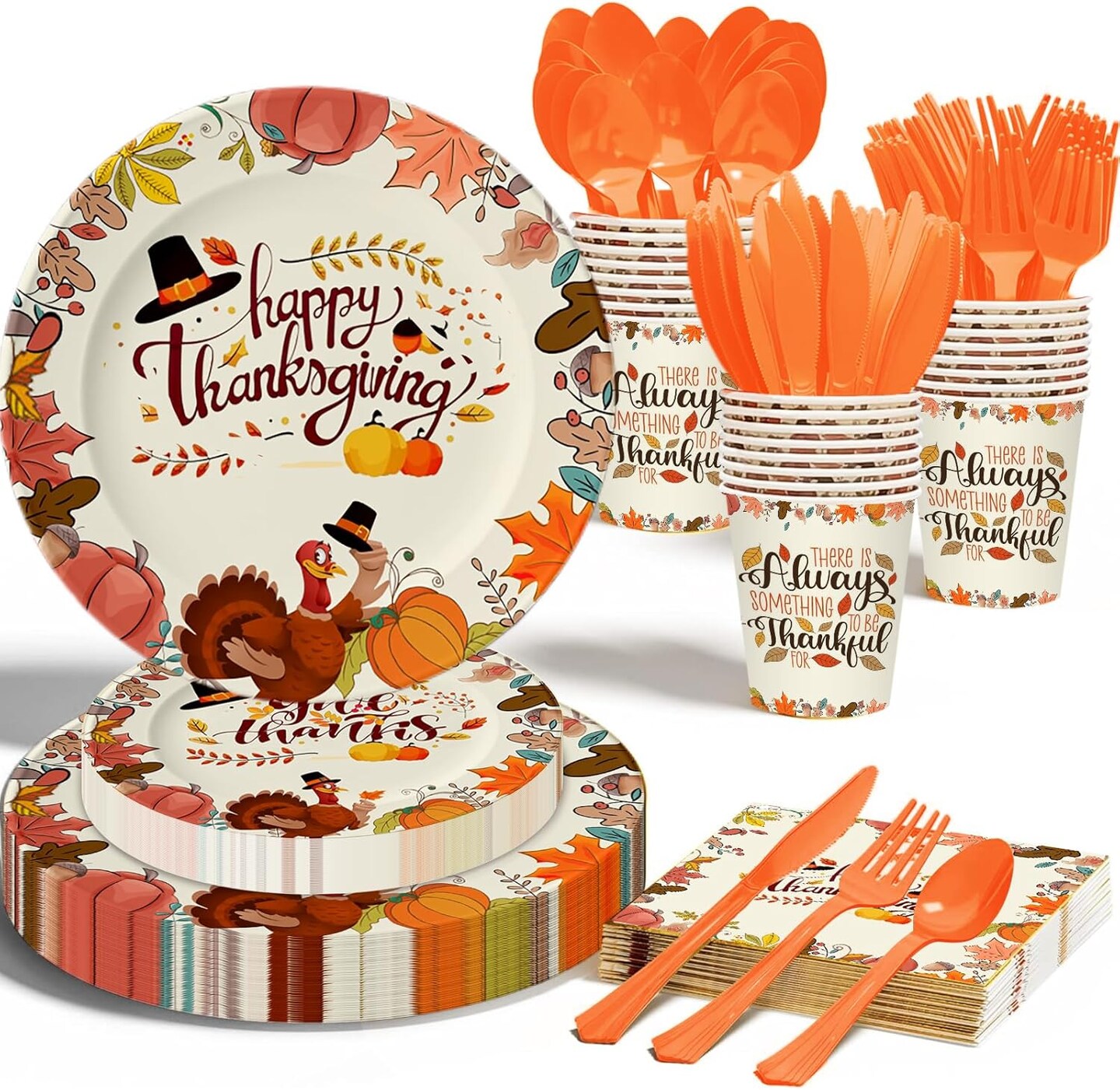 168 PCS Thanksgiving Disposable Tableware Sets - Paper Plates Napkins Cups Cutlery (Give Thanks)