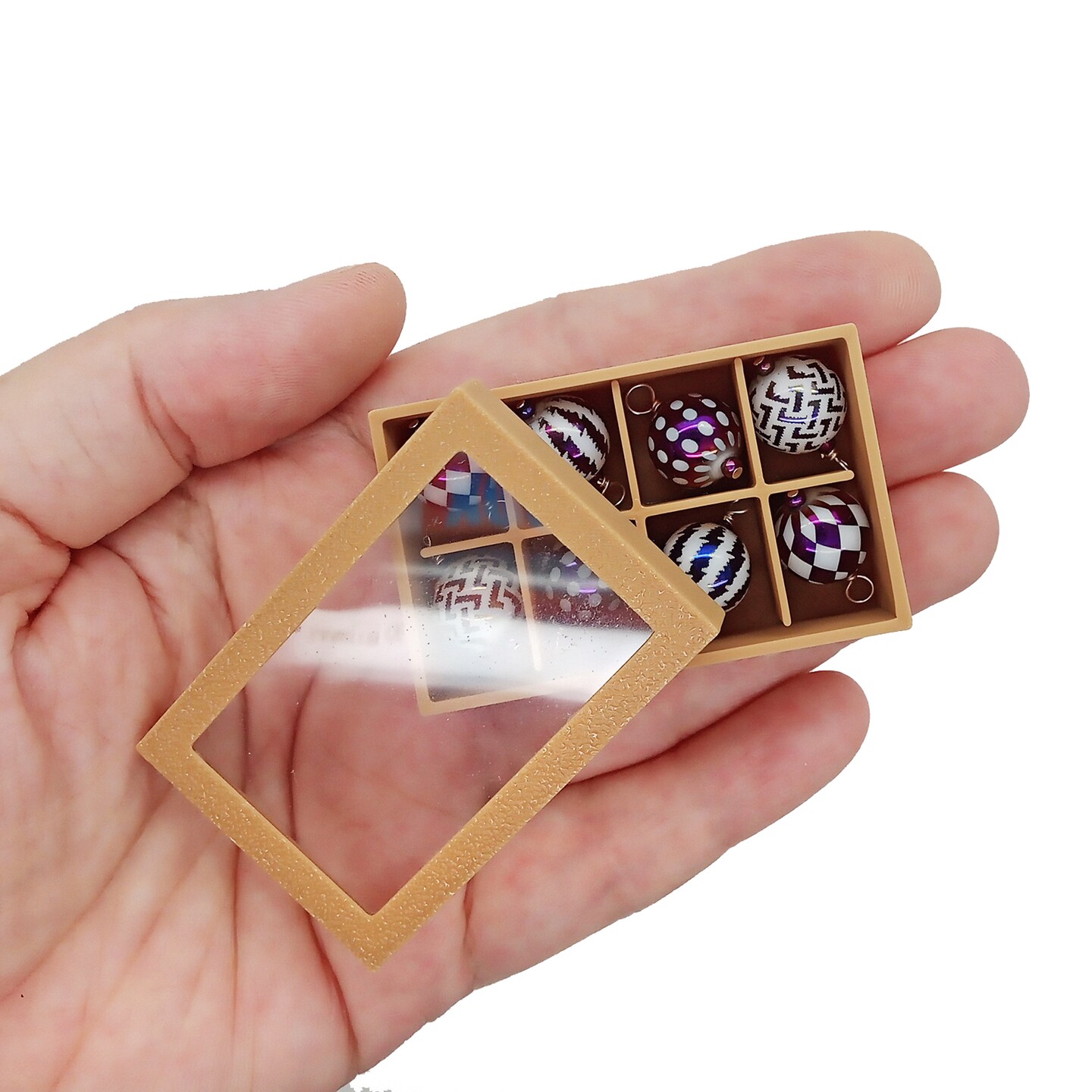 Miniature Purple Ornaments with Box, Dollhouse Christmas Baubles, Adorabilities