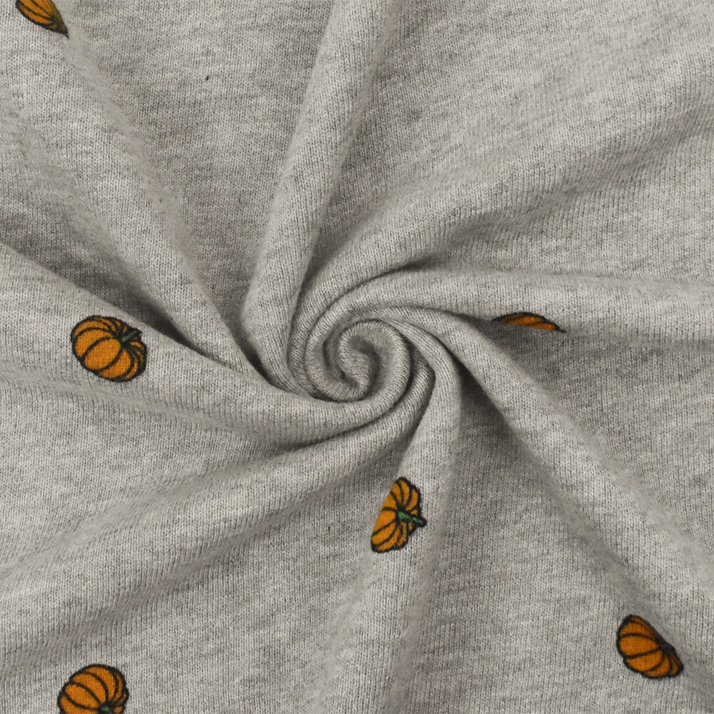 Heather Gray-Orange-Multi Pumpkin Printed Cotton French Terry Knit Fabric By the Yard
