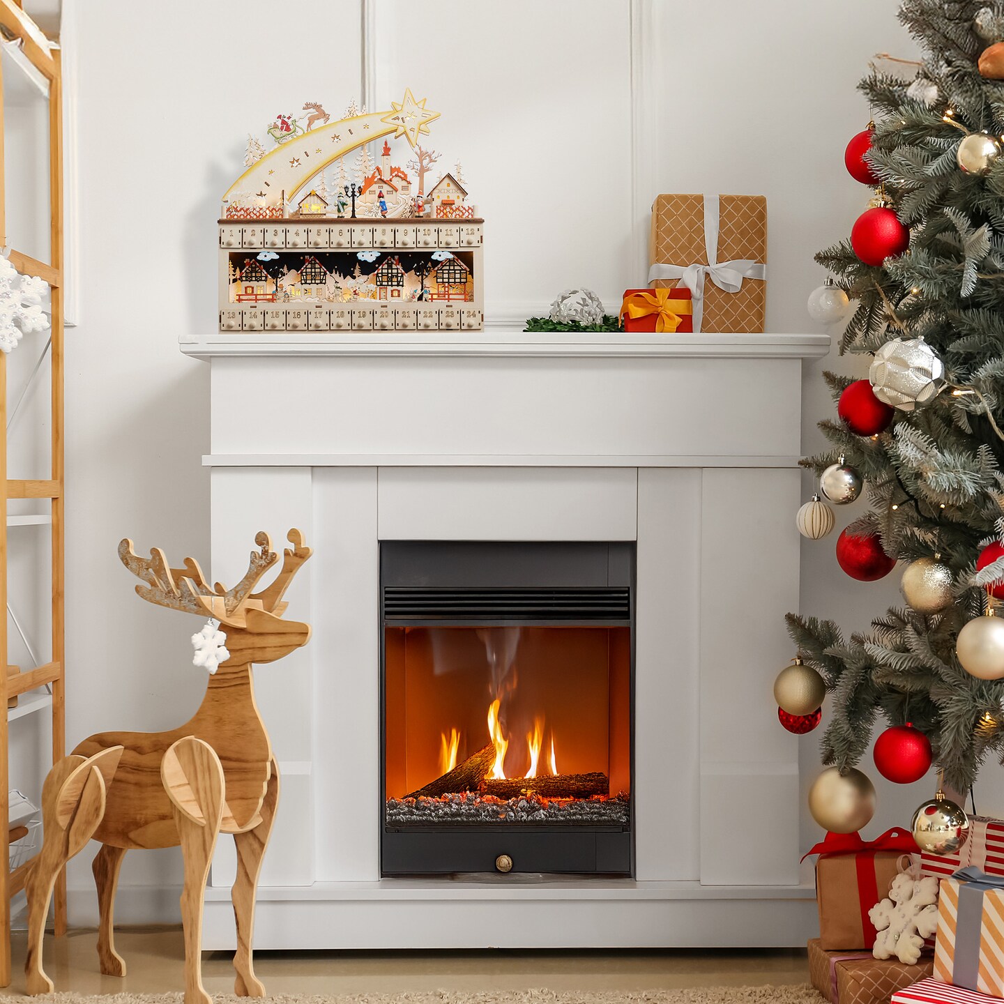 Casafield Wooden Christmas Advent Calendar with Drawers, Christmas Countdown LED Holiday Decoration with Shooting Star and Light Background