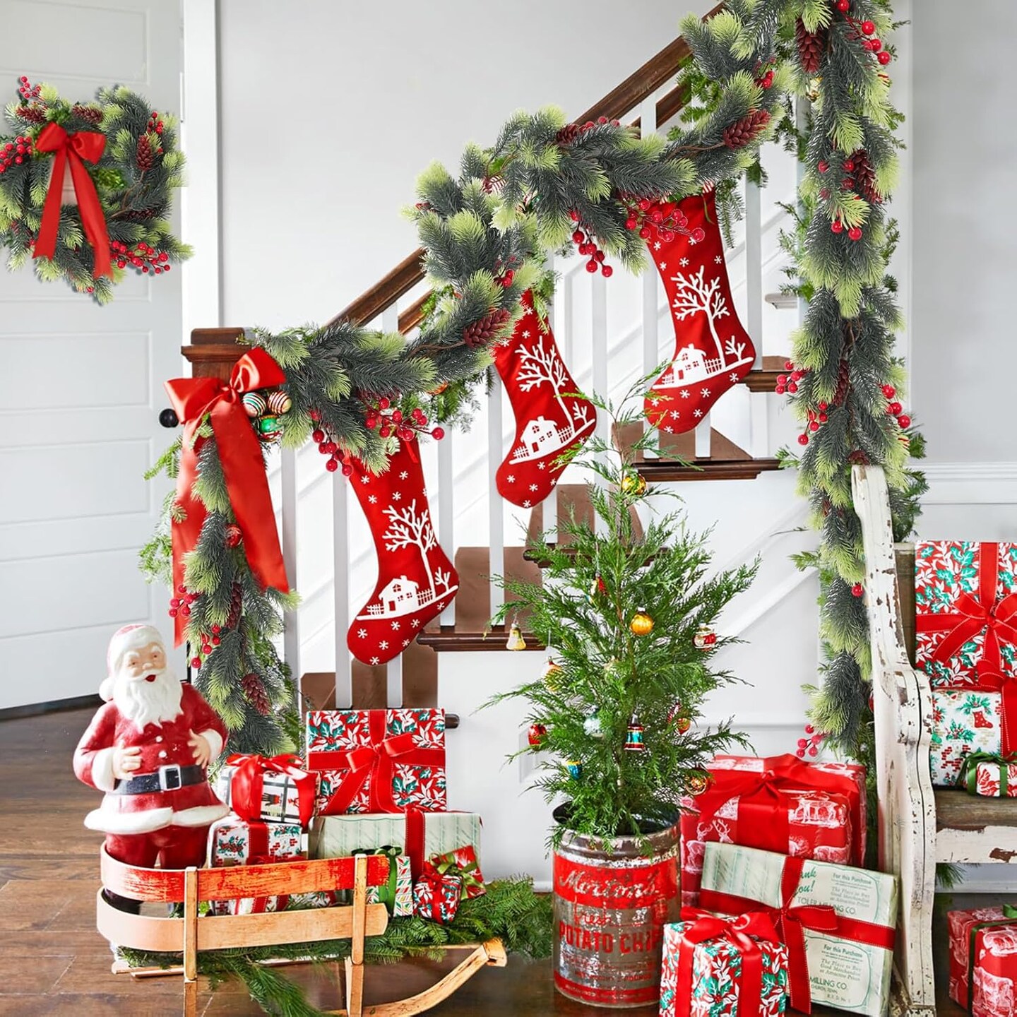Christmas Garland with Red Berries Decorative Pine Cones(Light Green)