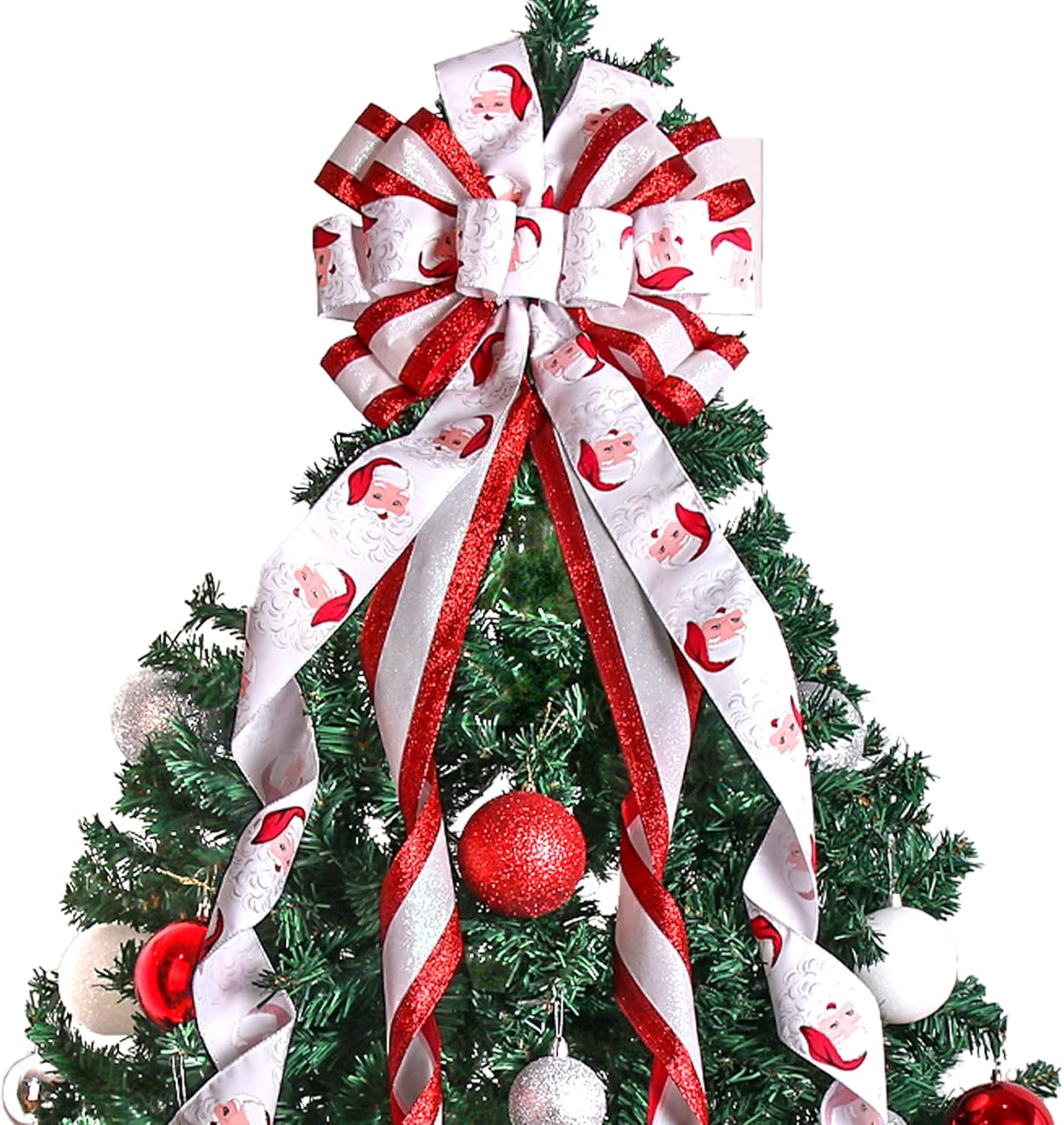 Christmas Wreath Bow Tree Topper - 48 x 13 Inches (White Red)
