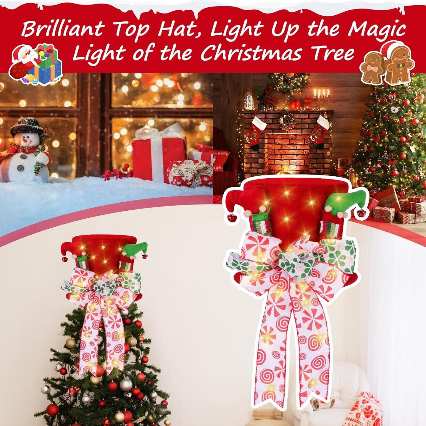 Lighted Christmas Tree Topper Red Velvet Hat with Bow and Elf Legs