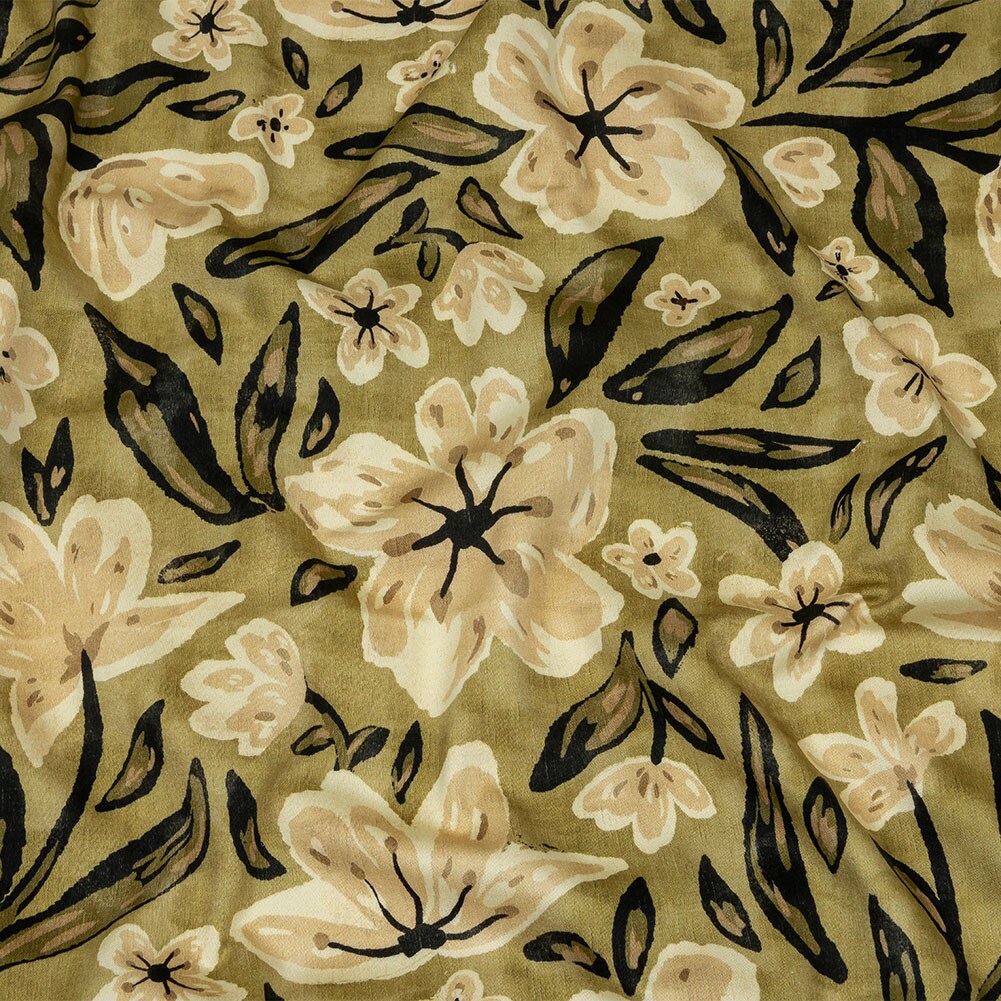 1 Yard Stretch Cotton Sateen Light Green Painterly Floral Green Wildflower Walk Print Fabric