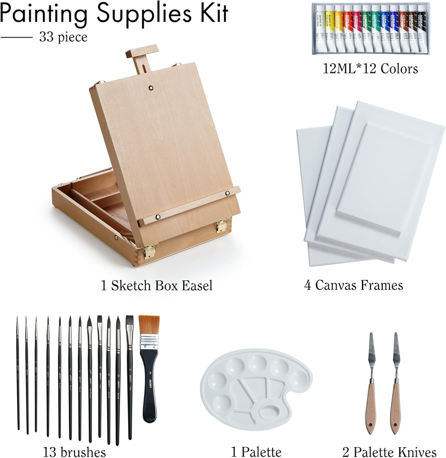 ARTIFY Art Supplies Kit, Tabletop Easel Set with 12 Acrylic Paints, 13 Paint Brushes, 4 Canvas Boards, 2 Palette Knives &#x26; Plastic Palette, Gift for Kids, Artists &#x26; Adults