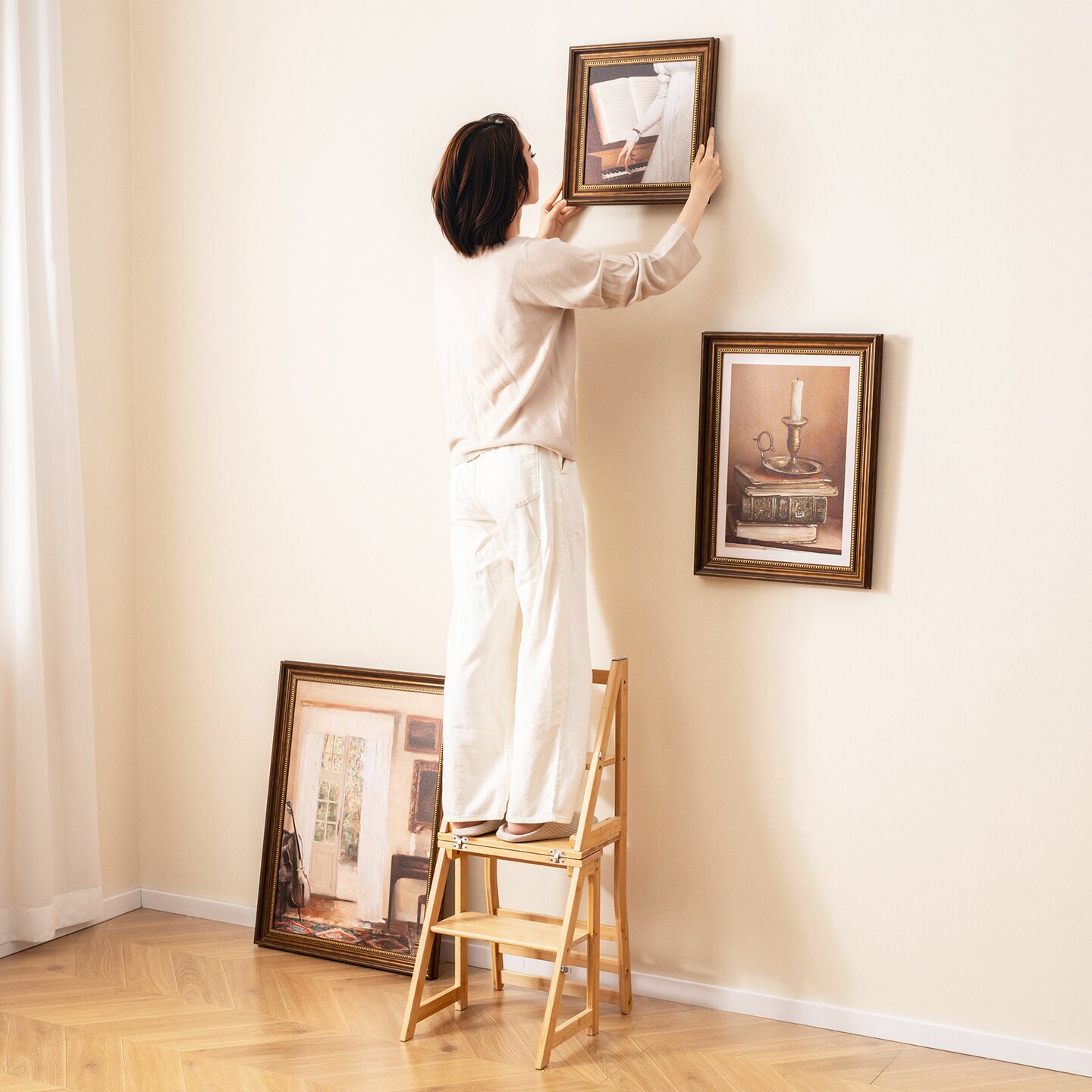 3-in-1 Multi-functional Foldable Display Plant Stand Ladder Chair with 2 Side Locking Buckles