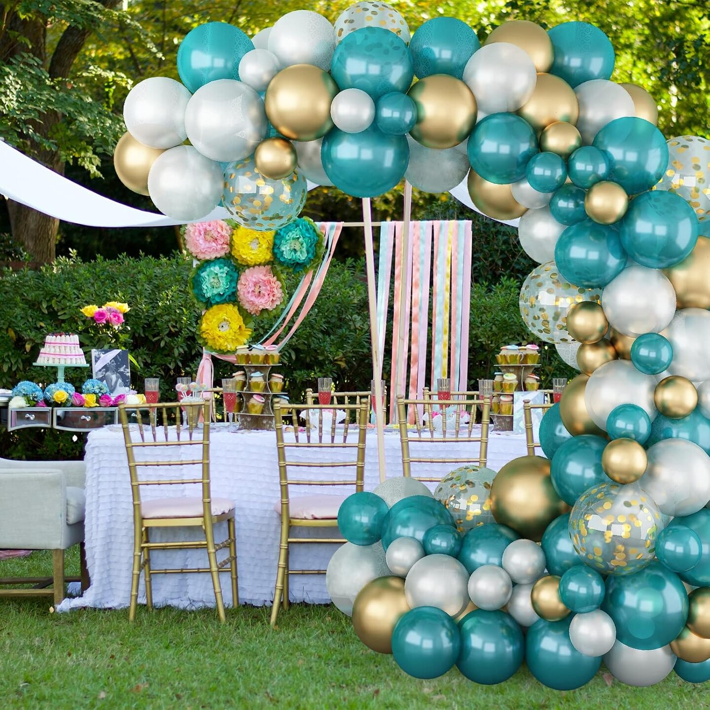 Matte Turquoise Blue Pearl White Balloons Garland Arch Kit Metallic Gold Balloon with Gold Confetti Latex Balloon Teal Blue Balloons Chrome Gold Party Decorations