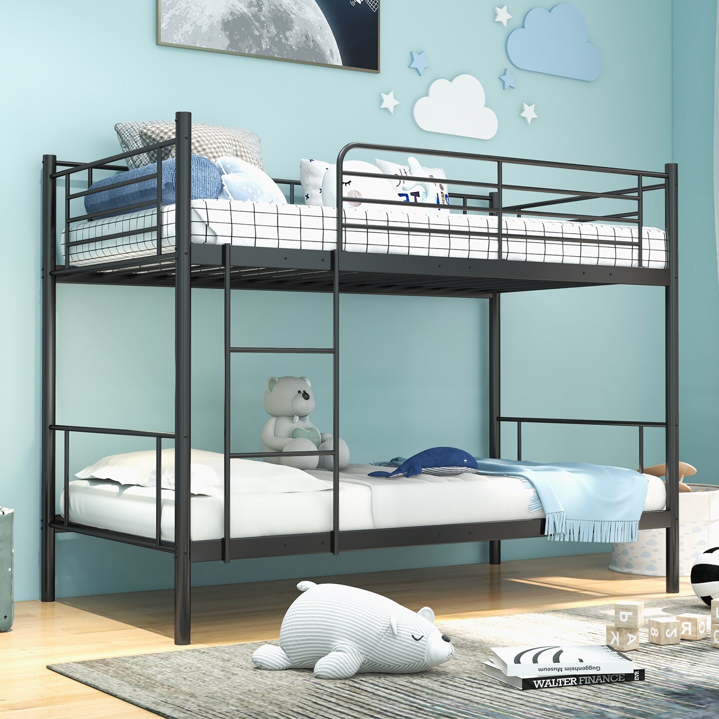 Black Metal Twin Over Twin Bunk Bed with High Guardrails and Ladder
