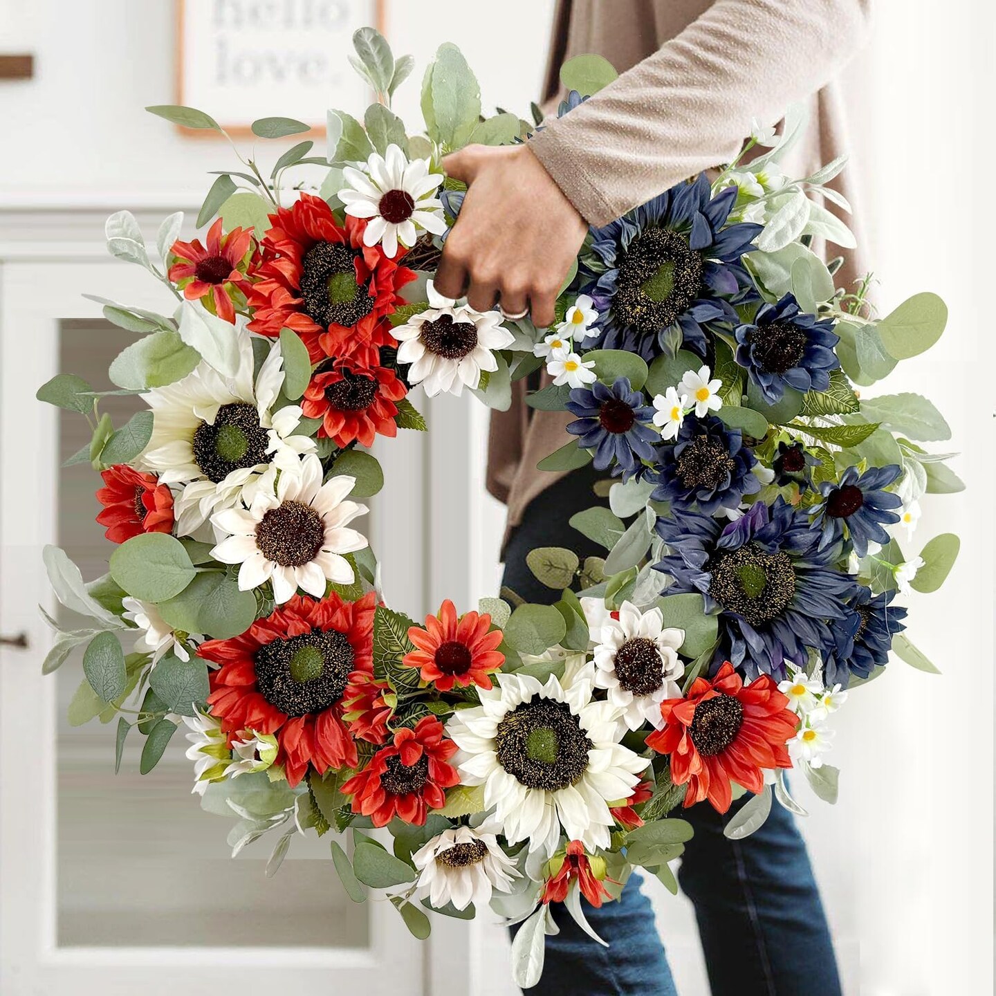 Patriotic Wreath Decorations, 24 Inch Sunflower Wall Decor 4th of July Wreaths for Front Door, Red White Blue Spring Summer