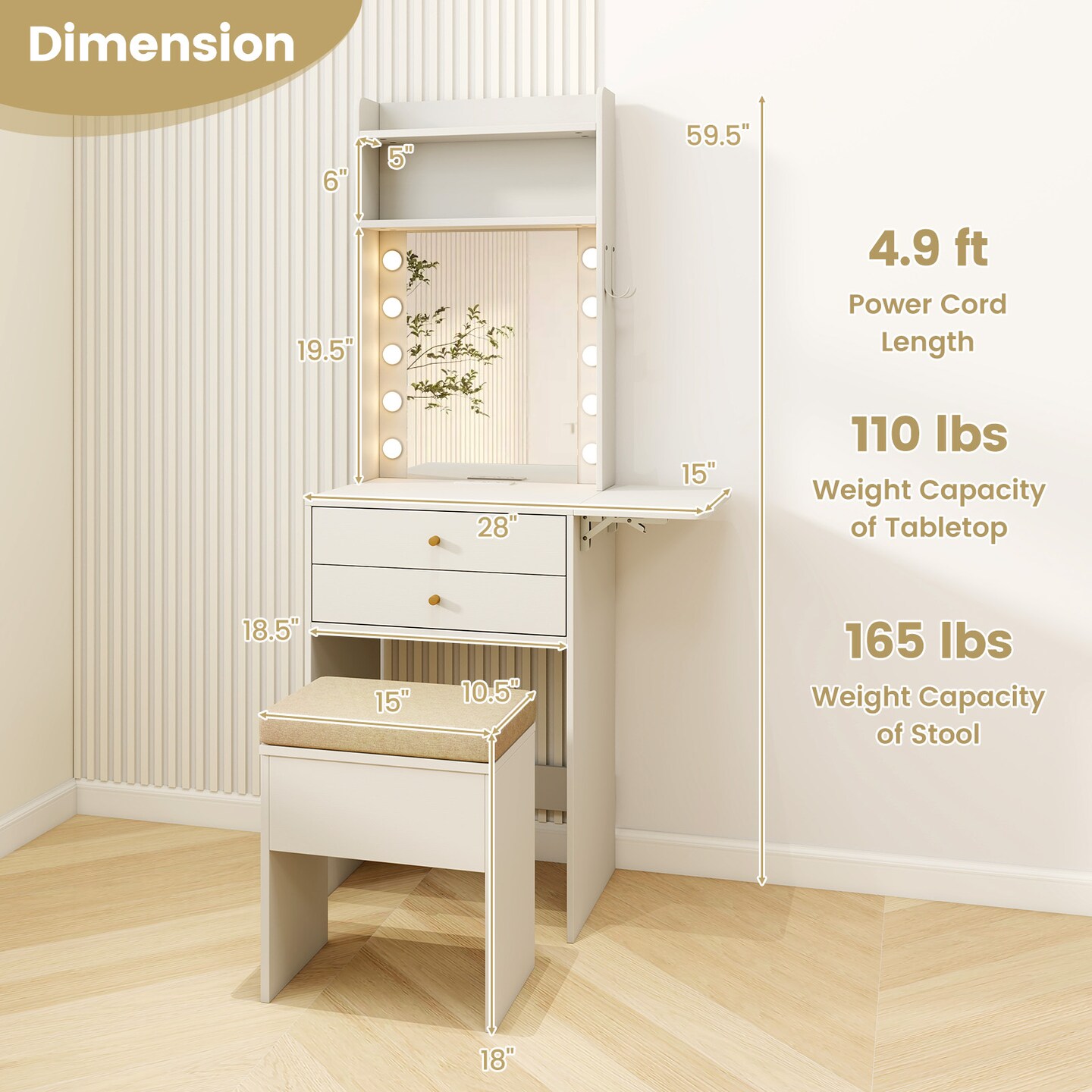 White Vanity Set with LED Mirror, Charging Station &#x26; Storage