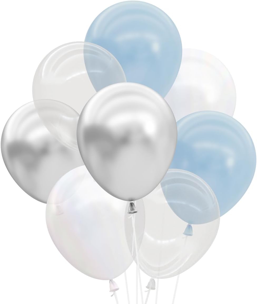 Blue, Pearl White, Clear, Silver, Latex Balloons - 25 pk, 12&#x22; | Cloud Nine Bachelorette Party Decorations, Birthday Party Supplies, Bridal Shower, Boy Baby Shower, Winter Holiday