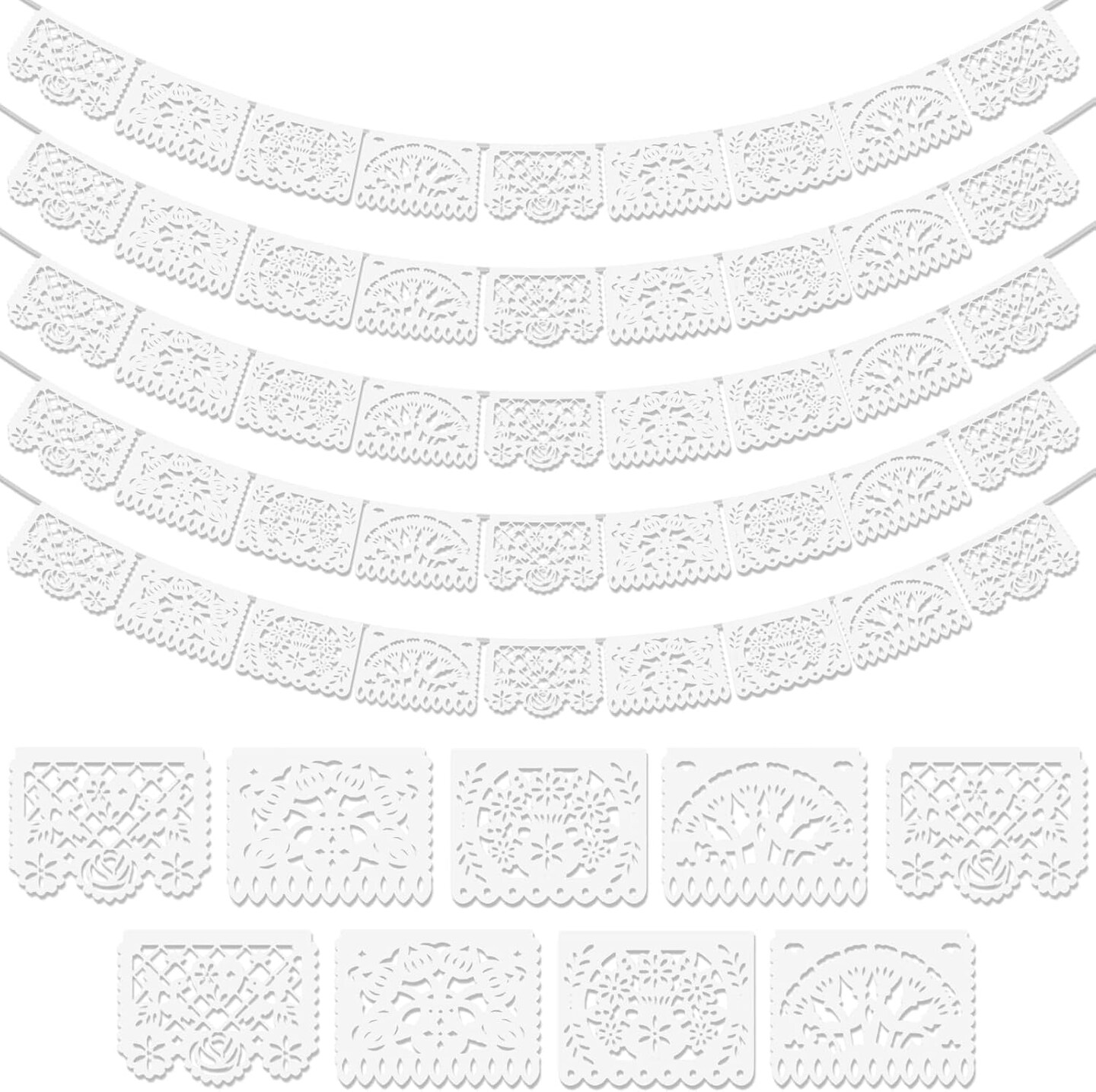 5-Pack White Papel Picado Banners – 90 ft Cinco de Mayo Mexican Fiesta Party Decor, 4 Patterns