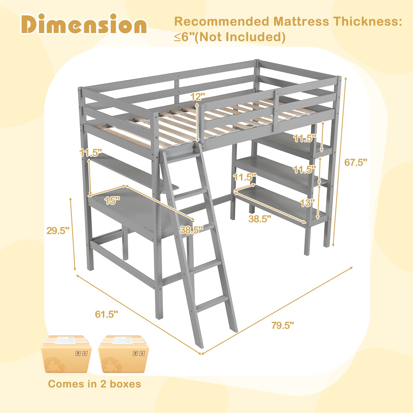 Twin Loft Bed with Desk and Bookshelves for Kids and Teens