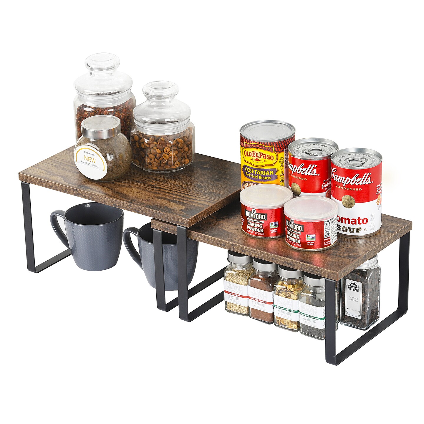 4-Pack Stackable Expandable Cabinet Shelf Organizer – Wood & Metal Counter Rack for Kitchen, Bathroom, Pantry (Multi-Configurable, Easy Install)