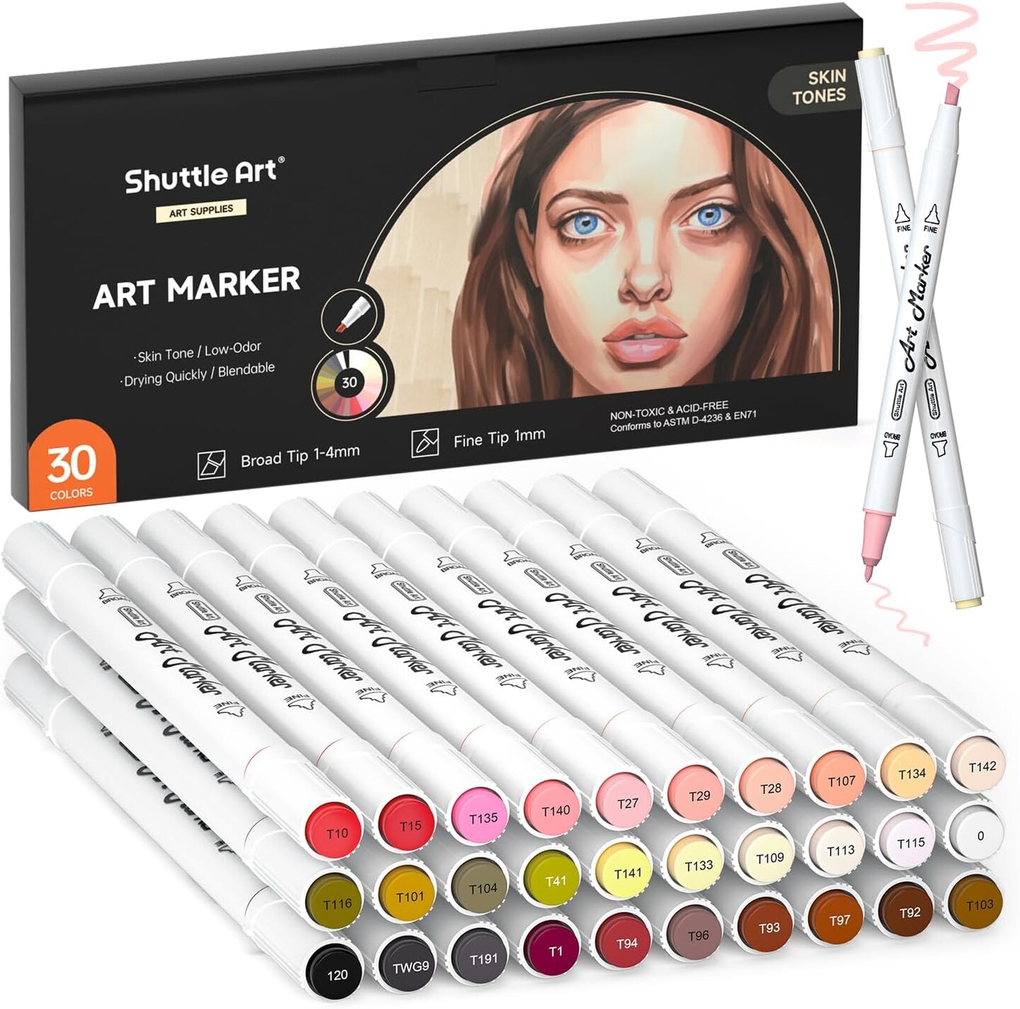 30-Color Skin Tone & Hair Dual-Tip Alcohol Marker Set – Includes Blender for Portraits, Comics & Anime