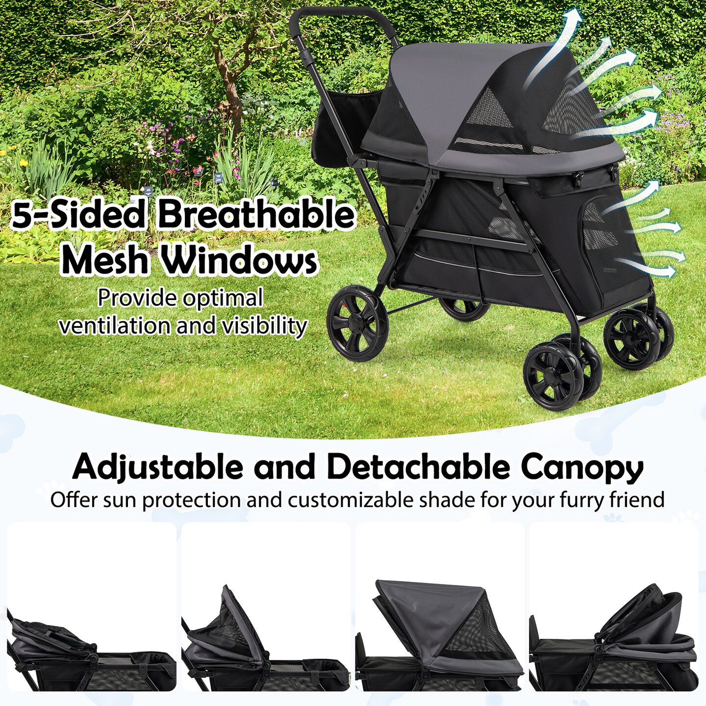 Black 600D Oxford Fabric Dog Stroller with Adjustable Ramp and All-Terrain Wheels