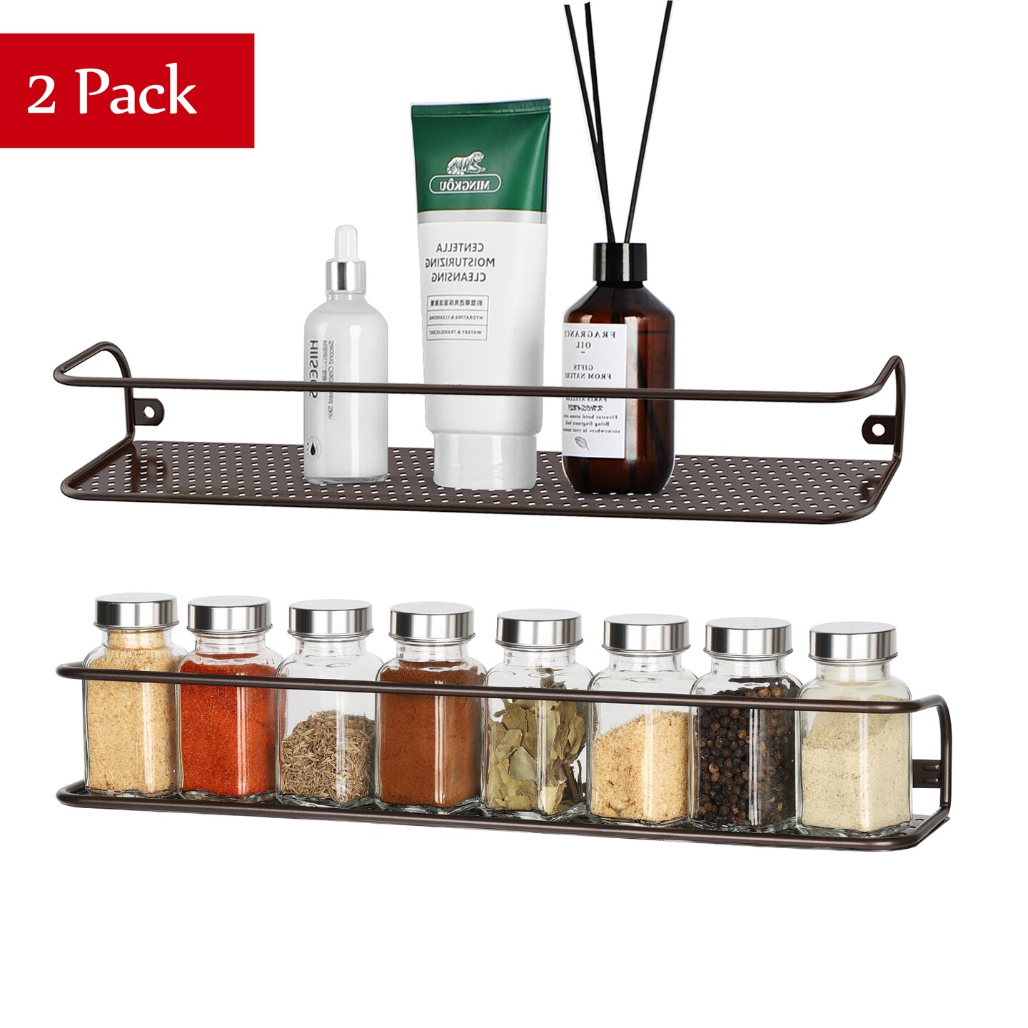 2-Pack Large Wall-Mounted Spice Rack &#x2013; Wide Brown Steel Organizer with Guard Rail for Kitchen, Bathroom, or Countertop Storage