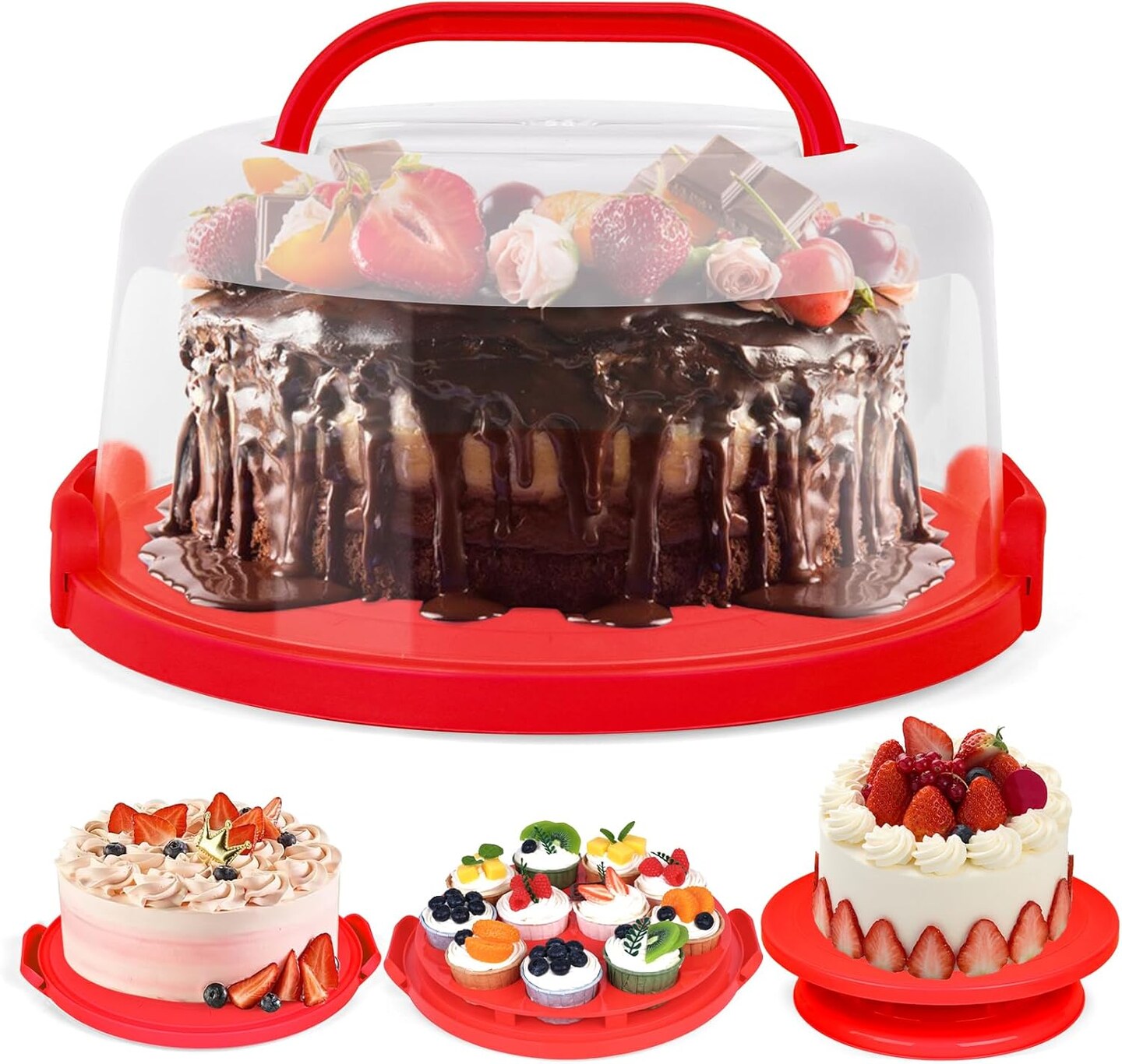 Cake Carrier with Lid and Handle, 12x6 Inch Red Cake Holder Cupcake Container for 11 Cupcakes 2 in 1 Portable Dessert Container for Cake Pie Muffin Cobbler