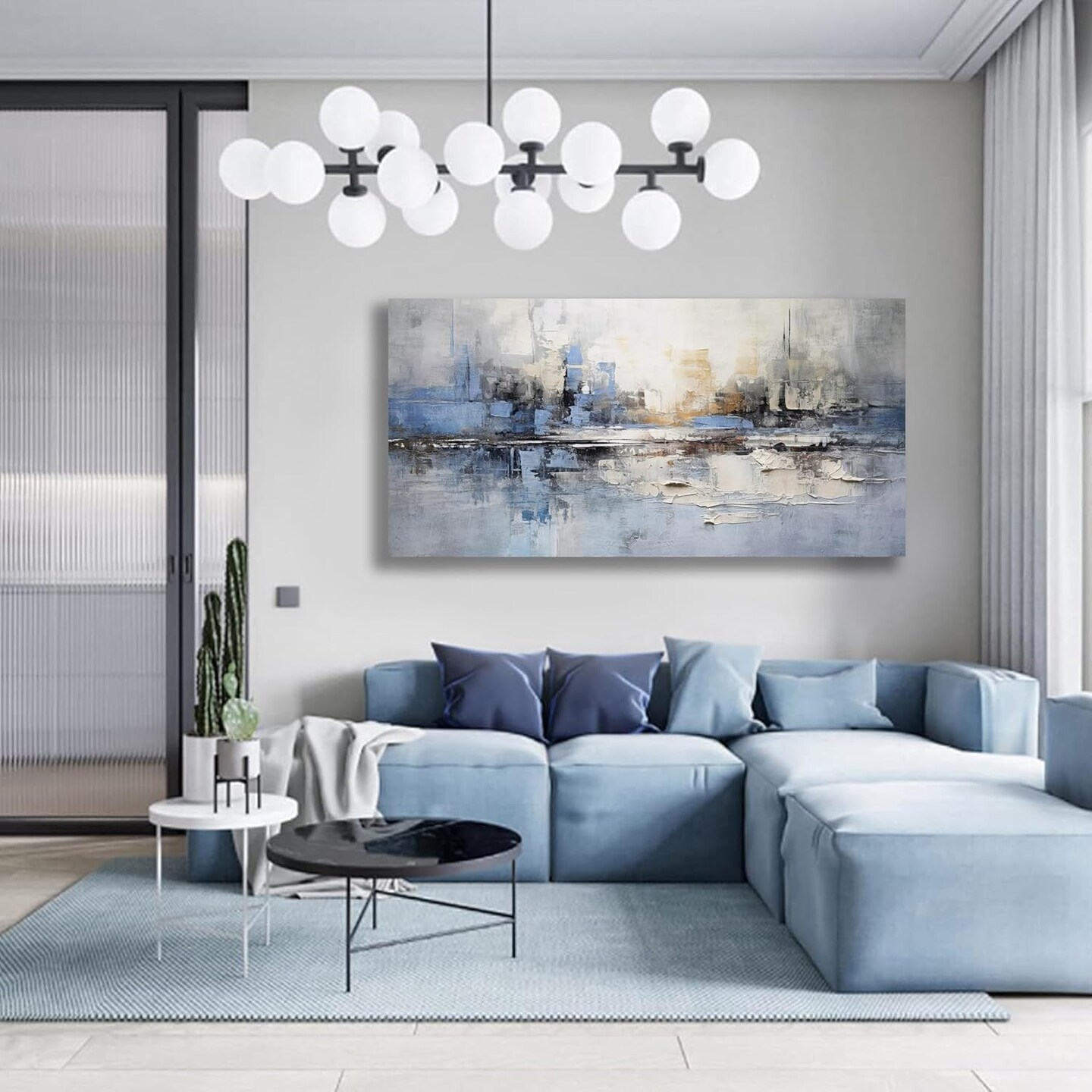 Abstract Wall Art Wall Decor Blue and Gray White Modern Canvas Wall Paintings Abstract Artwork for Living Room Bedroom Bathroom Office Home Decor Can Be Hung Directly 24&#x22;x 48&#x22;