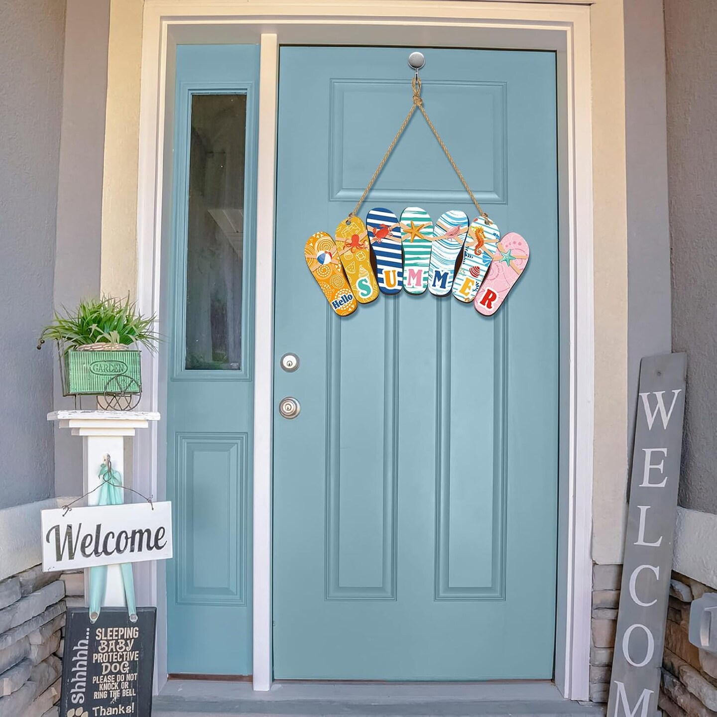 Hello Summer Door Sign Summer Wreaths for Front Door Hanger Rustic Wooden Daisy Wall Decor Flower Flip Flops Welcome Hanging Sign for Home Office Indoor Outdoor Decoration