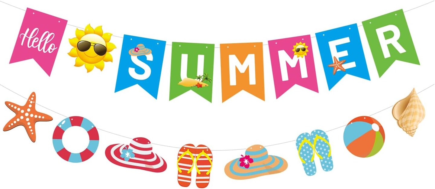 Hello Summer Banner and Beach Patterns Banner Colorful Summer Bunting Banner with Sun Signs Summer Beach Pool Party Banner for Wall Mantle Fireplace Party Hanging Decorations