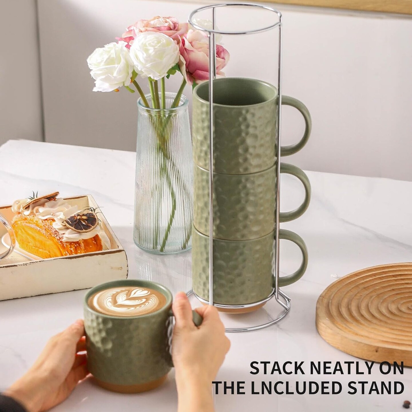 Ceramic Coffee Mug Set of 4, 16OZ Stackable Coffee Mug Set with Stainless Stand,Large Cup Set for Cappuccino,Tea,Hot/Cold Drinks,Dishwasher &#x26; Microwave Safe,Matte Green