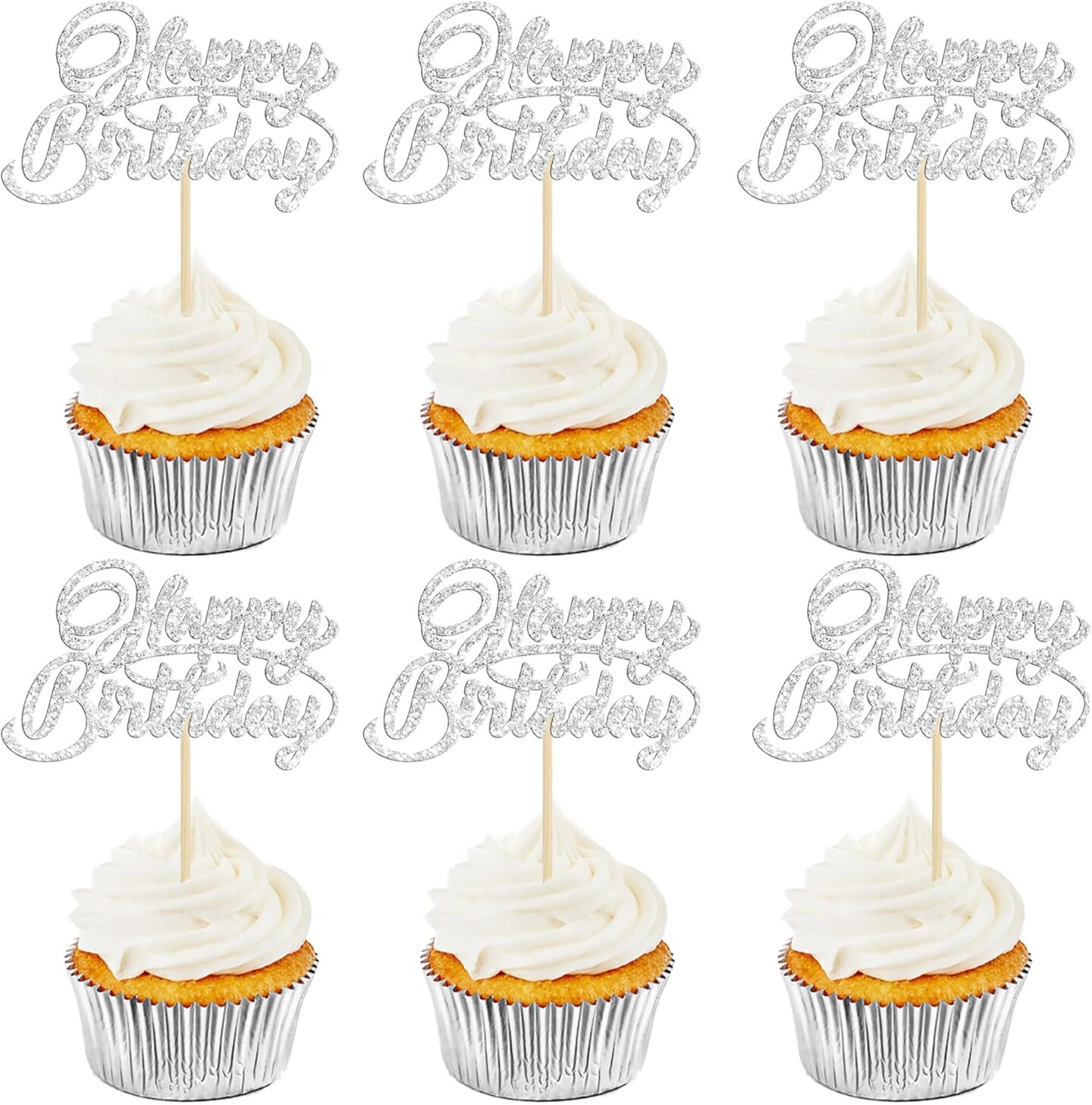 24PCS Happy Birthday Cupcake Toppers – Glitter Silver Picks, 2.6"x4.3" for Party Cakes