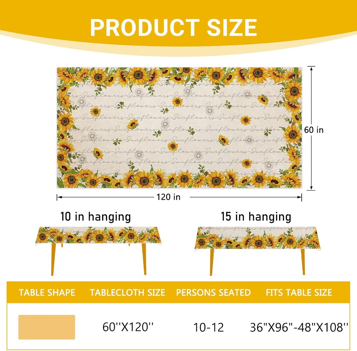 Spring Summer Sunflower Rectangle Tablecloth 60 x 120 Inches, Fall Autumn Flower Floral Decorative Dining Table Cloth, Seasonal Dinner Table Cover Picnic Party Decoration