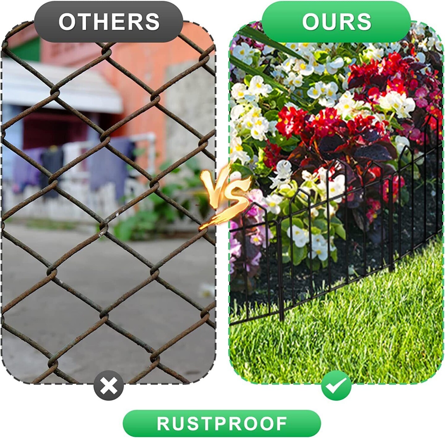 10 Pack Rustproof Decorative Garden Fence Panels - 23.6in H x 10ft L Metal Animal Barrier, Snap-On Border for Lawns &#x26; Gardens
