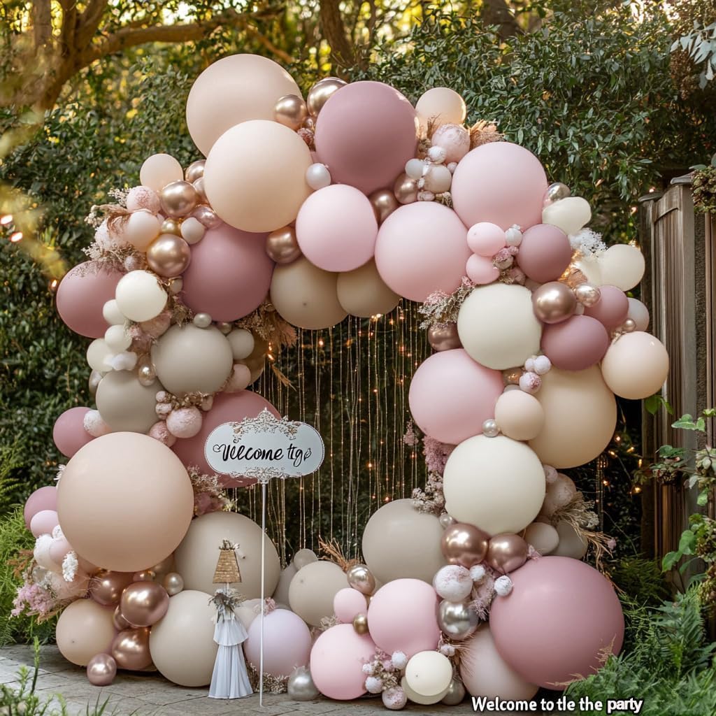 Dusty Pink Rose Balloon Garland Double Stuffed Mauve Light Pink Latex Blush Nude Beige Champagne Gold Balloon Arch Kit for Boho Birthday Baby Bridal Shower Neutral Wedding Party Decor