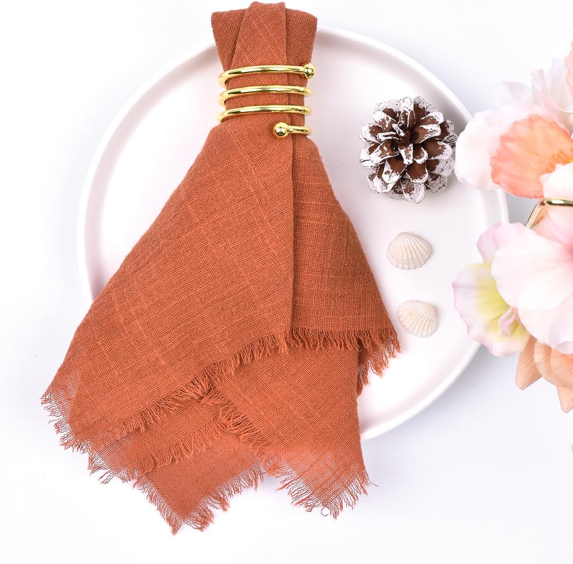 Terracotta 6 Pack Handmade Cloth Napkins Cotton Linen Easter Spring Napkins with Fringe Rustic Bulk Dinner Napkins