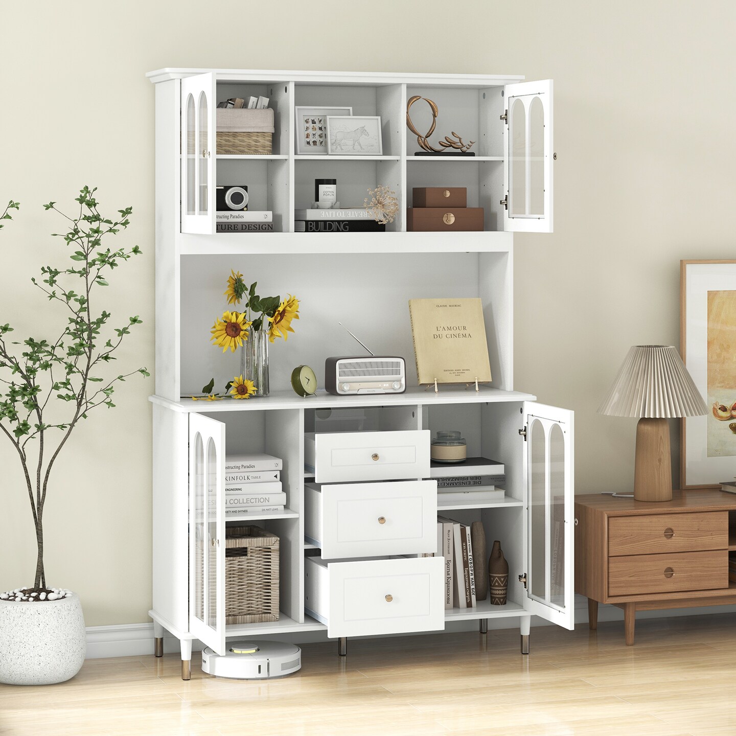 White MDF Engineered Wood Kitchen Pantry Cabinet with LED Lights and Power Outlets