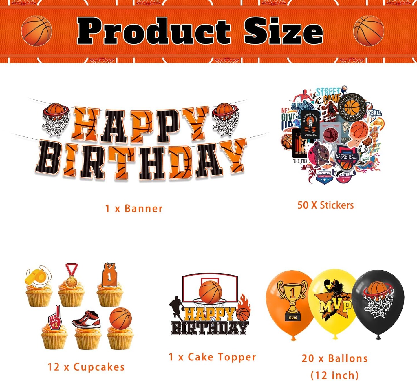 Basketball Party Decorations, Basketball Birthday Party Supplies Kit,Including Sport Themed Birthday Plates Tablecloth Napkin Banner Basketball Garland Cupcake Toppers Balloons Stickers Set